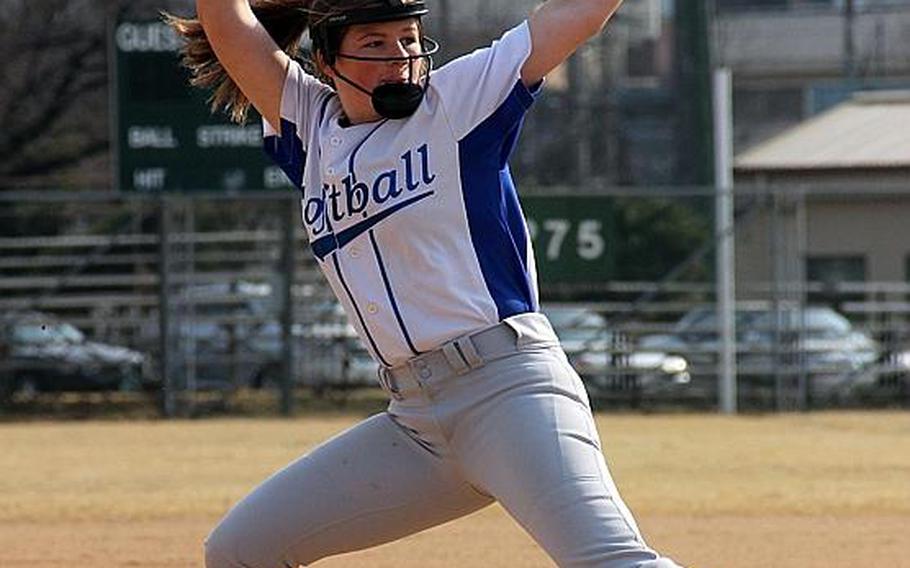 Freshman Kendall Winn transferred to Seoul American softball from Chesapeake, Va., where she played for a Virginia elite traveling team. Winn will pitch and play third base for the Falcons.