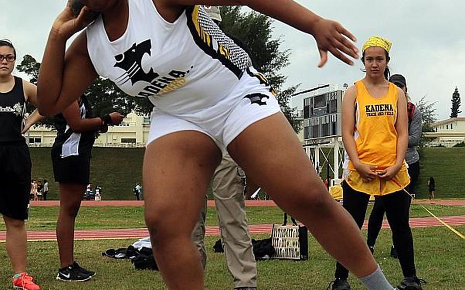 Nikeria Albritton, a sophomore transfer from Valdosta, Ga., has already thrown 10.82 meters in the shot put in last Saturday's season-opening meet, and her Kadena coaches feel she'll challenge for the 11.79 Pacific record set last week at Yokota, or perhaps farther.