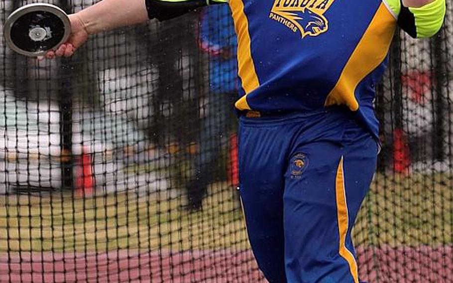 Christian Sonnenberg, in his final season with Yokota and the Pacific record-holder in the discus at 56.4 meters, hopes to reach 60 to 61 meters this season and perhaps challenge the shot-put record of 16.16 as well.