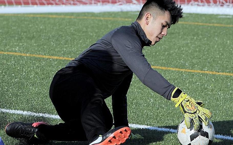 Senior Caeleb Ricafrente led the Pacific in football touchdowns with 28 last season, but now is being asked to prevent opponents from scoring as he tries playing goalkeeper for the first time for five-time Far East Division II boys soccer champion Matthew C. Perry.