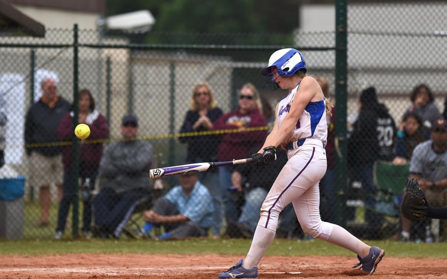 Ramstein's Sierra Nelson singles to left field in a game against Vilseck. Nelson will be back for the Royals this season.