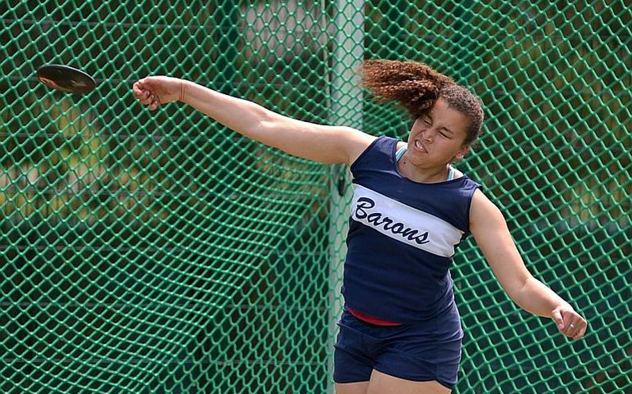 Bitburg's Elise Rasmussen tossed the discus108 feet, 9 inches to win the girls event at the DODEA-Europe track and field championships in Kaiserslautern, Germany, Friday, May 27, 2016.