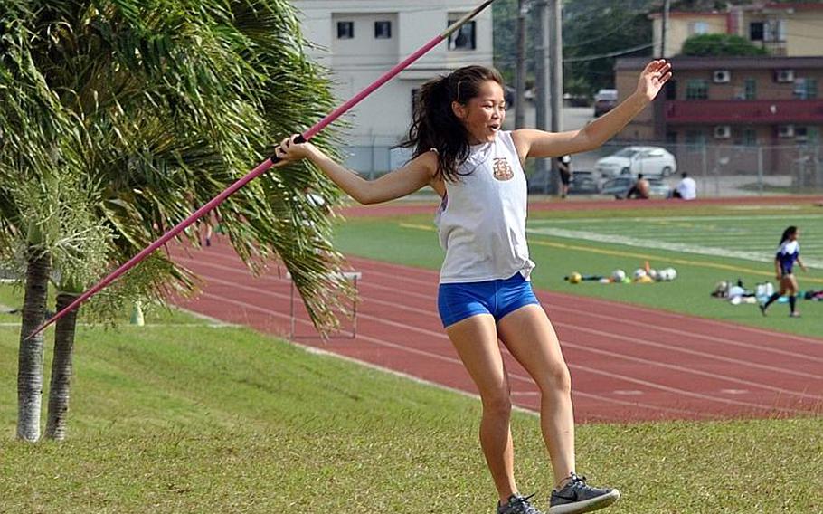Guam High freshman Amber Guerrero took first in the javelin in the first two meets of the island track and field season, hitting a personal-best 86 feet, 10 1/4 inches in the opener on March 31. Triple jump and javelin are offered on Guam and at southeast Asian schools, but not within DODEA-Pacific.