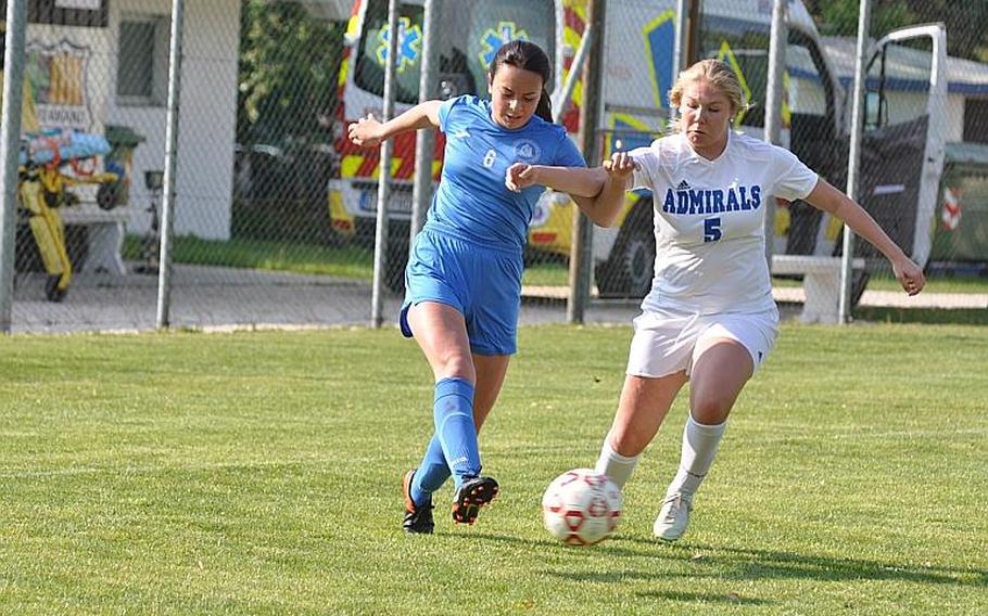 Marymount's Emanuela Scalia and Rota's Megan Shaw fight for the ball Saturday in the Admirals' 3-1 victory.