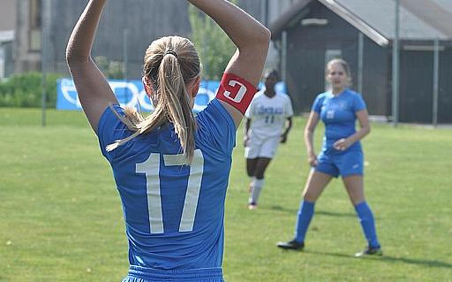 Marymount's Anna Mathiesen gets set to throw the ball into a teammate Saturday in Rota's 3-1 victory over the Royals.