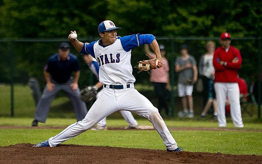Ramstein's Jonathon Oswald throws a pitch during the DODEA-Europe Division I baseball championship at Ramstein Air Base, Germany, on Saturday, May 28, 2016. Ramstein defeated Kaiserslautern 3-0 to win the title.