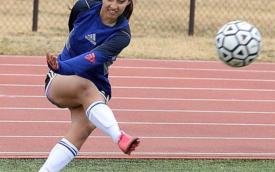 Junior striker Regina Dukat is one of three primary weapons for Yokota, each juniors, with a combined 37 goals and 22 assists this season for the two-time defending Far East Division II Tournament champion Panthers.