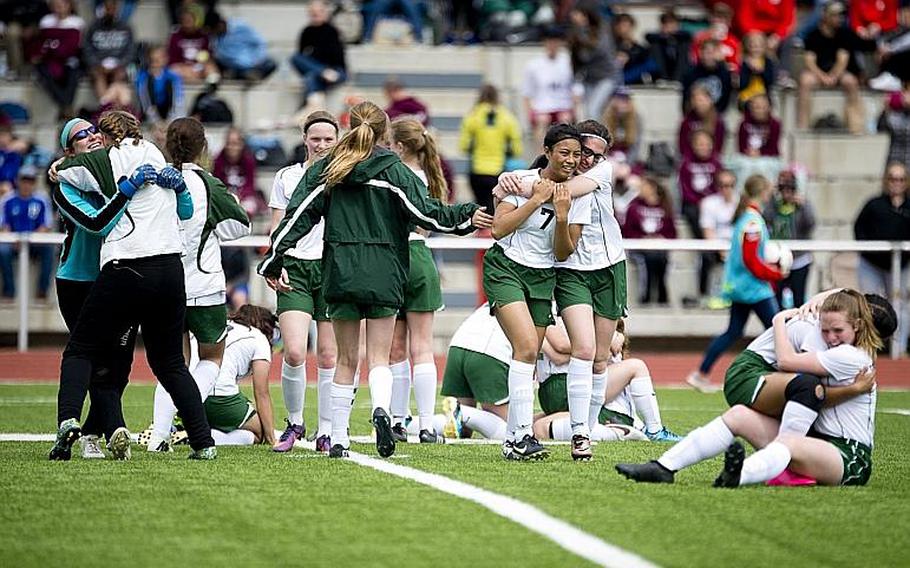 Alconbury celebrates defeating Sigonella 1-0 in overtime during the DODEA-Europe Division III championship in Reichenbach, Germany, on Friday, May 19, 2017.

MICHAEL B. KELLER/STARS AND STRIPES