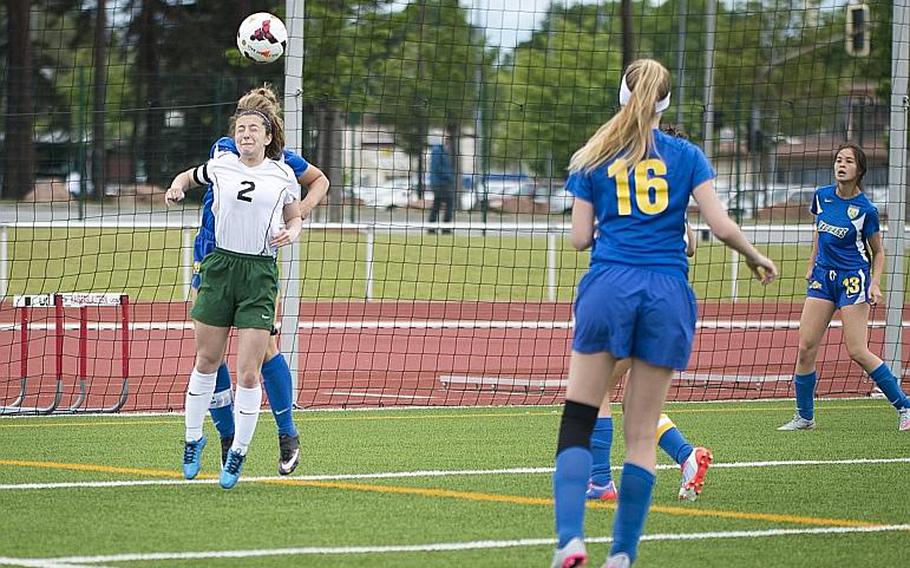Alconbury's Isabel Black heads the ball during the DODEA-Europe Division III championship in Kaiserslautern, Germany, on Saturday, May 20, 2017. Alconbury defeated Sigonella 1-0 in overtime to win the title.

MICHAEL B. KELLER/STARS AND STRIPES