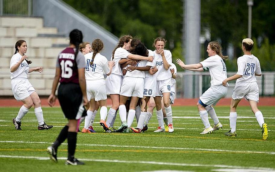 Bitburg celebrates its 2-0 win over AFNORTH during the DODEA-Europe Division II championship in Kaiserslautern, Germany, on Saturday, May 20, 2017.

MICHAEL B. KELLER/STARS AND STRIPES