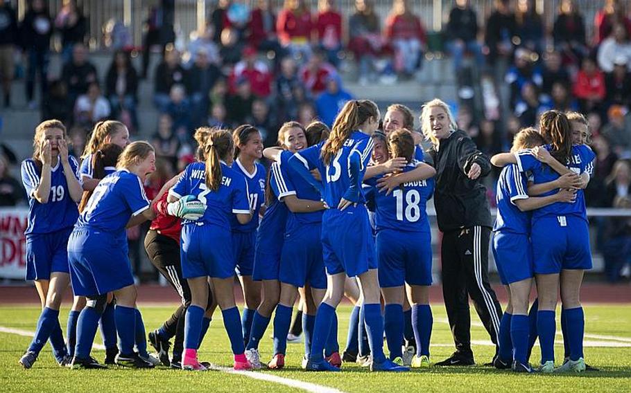 Wiesbaden celebrates its win over Stuttgart during the DODEA-Europe Division I championship in Kaiserslautern, Germany, on Saturday, May 20, 2017. Wiesbaden won the title match in a 3-0 shootout.

