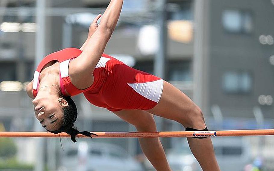 Nile C. Kinnick junior Exotica Hall clears the high jump bar in the Far East track and field meet. Hall won in a meet-record 1.60 meters, topping the previous mark of 1.56 which stood for five years.

DAVE ORNAUER/STARS AND STRIPES