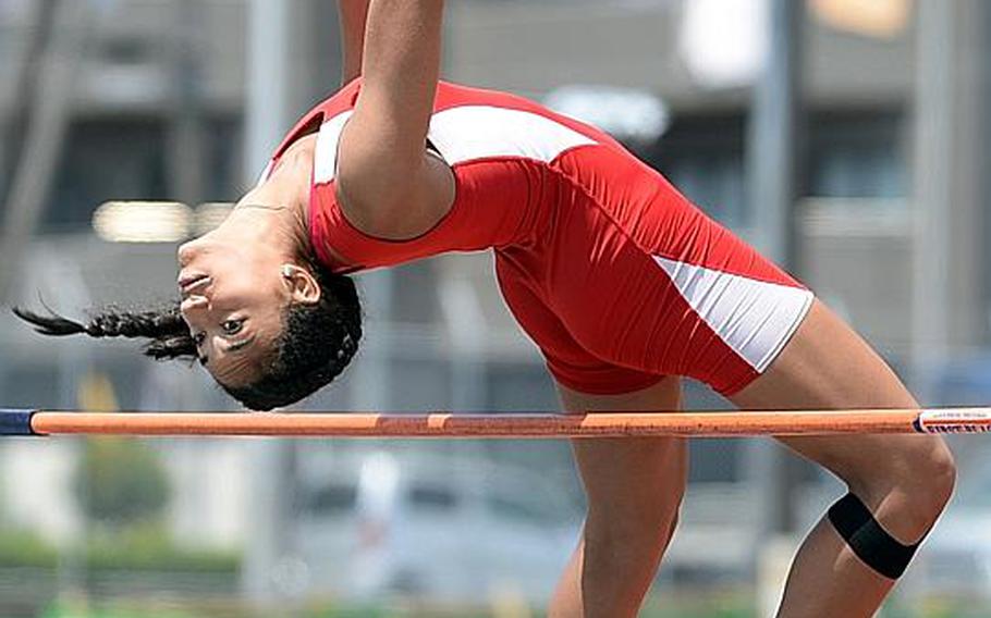 Nile C. Kinnick junior Exotica Hall won two gold medals and set a Far East track and field meet record in the high jump with a leap of 1.6 meters. The Red Devils won the overall school banner for a third straight year.

DAVE ORNAUER/STARS AND STRIPES