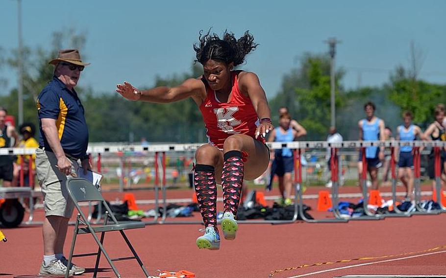 Jada Branch of Kaiserlautern won the girls long jump at the DODEA-Europe track and field championships in Kaiserslautern, Germany, with a leap of 17-06 1/2.