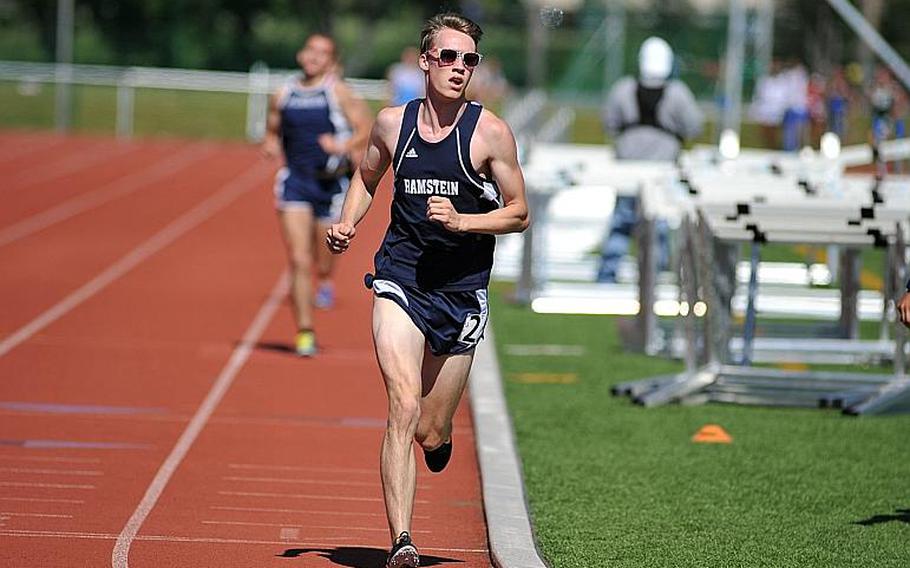 Ramstein's Colin McLaren on his way to a new DODEA-Europe record of 9:51.90, at the track and field championships in Kaiserslautern, Germany, Friday, May 26, 2017.