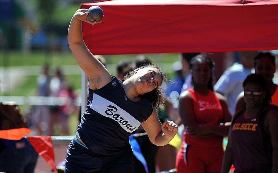 Bitburg's Elise Rasmussen won the girls shot put event at the DODEA-Europe track and field championships in Kaiserslautern, Germany, with a toss of 33-09 1/4.