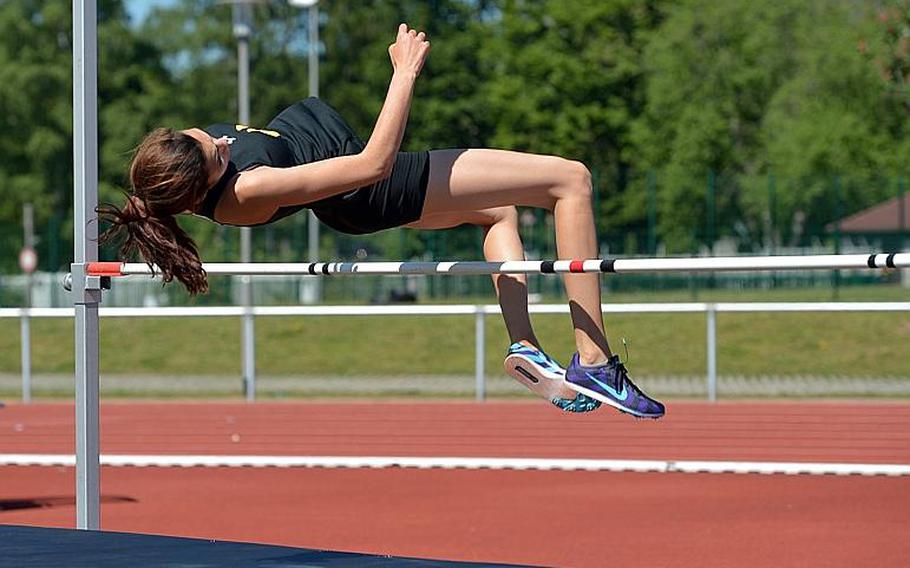 Stuttgart's Annika Rivera won the girls high jump competition at the DODEA-Europe track and field championships in Kaiserslautern, Germany, crossing the bar at 5-02.