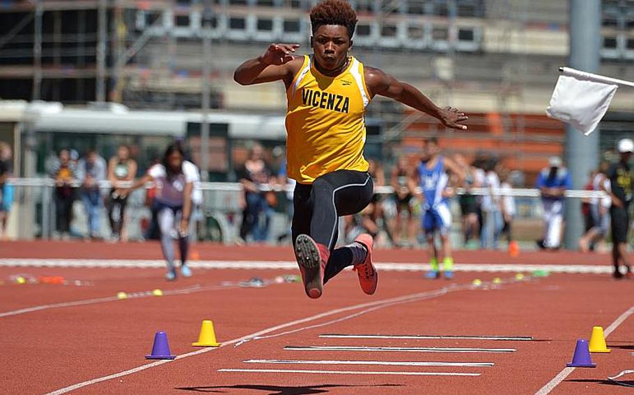 Vicenza's Brandrick Cullors won the boys triple jump with a leap of 42-01 1/2  at the DODEA-Europe track and field championships in Kaiserslautern, Germany