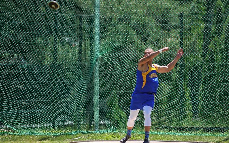 Ansbach's Josua Baughman took the boys discus title at the DODEA-Europe track and field championships in Kaiserslautern, Germany, with a toss of 124-09.