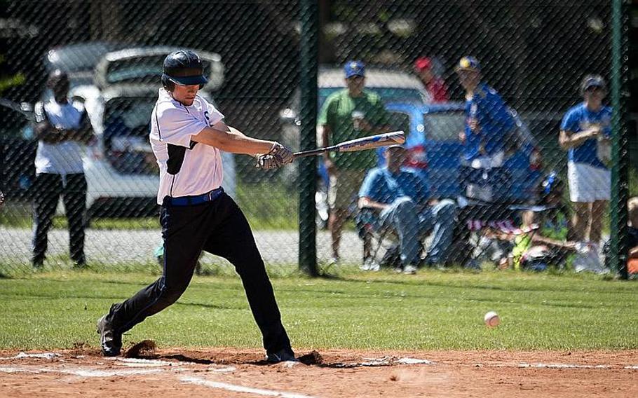 Hohenfels' Wade Cermak hits a ground ball during the DODEA-Europe baseball tournament in Kaiserslautern, Germany, on Friday, May 26, 2017. Hohenfels lost the Division II/III game to Sigonella 14-3.

MICHAEL B. KELLER/STARS AND STRIPES