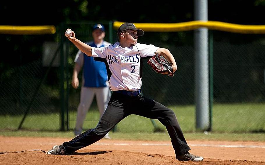 Hohenfels' Landon Ott throws a pitch during the DODEA-Europe baseball tournament in Kaiserslautern, Germany, on Friday, May 26, 2017. Hohenfels lost the Division II/III game to Sigonella 14-3.

MICHAEL B. KELLER/STARS AND STRIPES