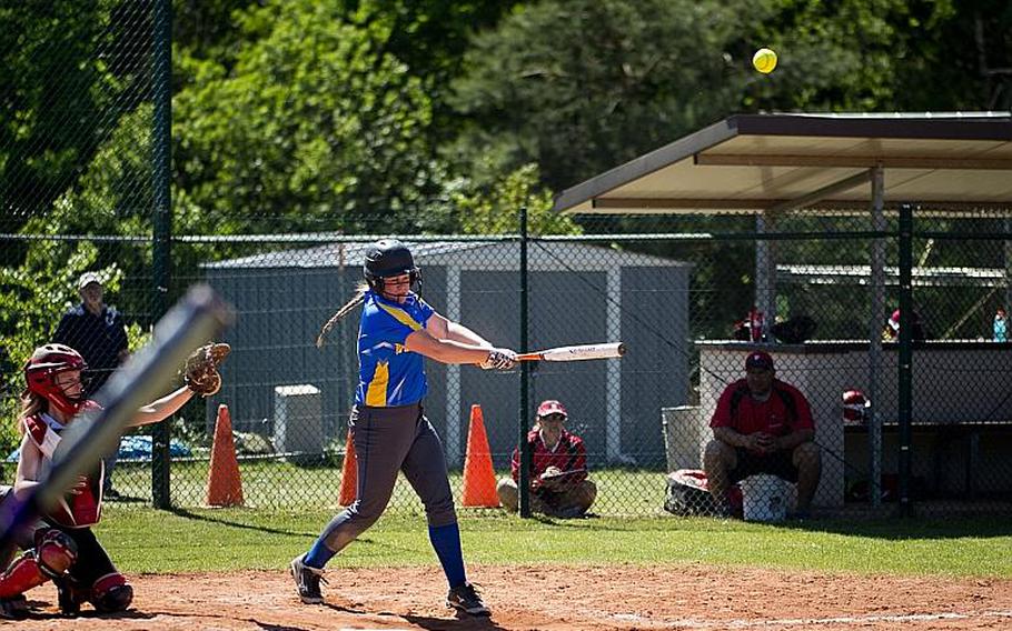 Wiesbaden's Melanie Hirschel-Weber hits the ball during the DODEA-Europe softball tournament at Ramstein Air Base, Germany, on Friday, May 26, 2017. Wiesbaden lost the Division I game against Kaiserslautern 10-5.

MICHAEL B. KELLER/STARS AND STRIPES