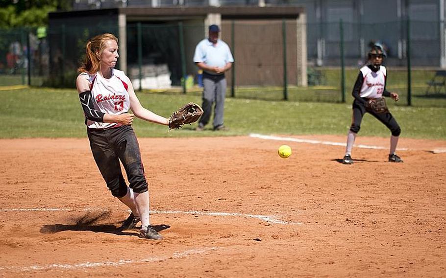 Kaiserslautern's Phoenix Whisennand throws a pitch during the DODEA-Europe softball tournament at Ramstein Air Base, Germany, on Friday, May 26, 2017. Kaiserslautern won the Division I game against Wiesbaden 10-5.

MICHAEL B. KELLER/STARS AND STRIPES