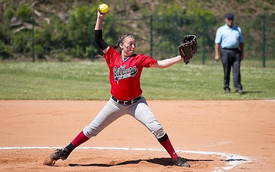 Bitburg's Alicia Paul throws a pitch during the DODEA-Europe softball tournament at Ramstein Air Base, Germany, on Friday, May 26, 2017. Bitburg won the Division II/III game against Hohenfels 10-4.

MICHAEL B. KELLER/STARS AND STRIPES