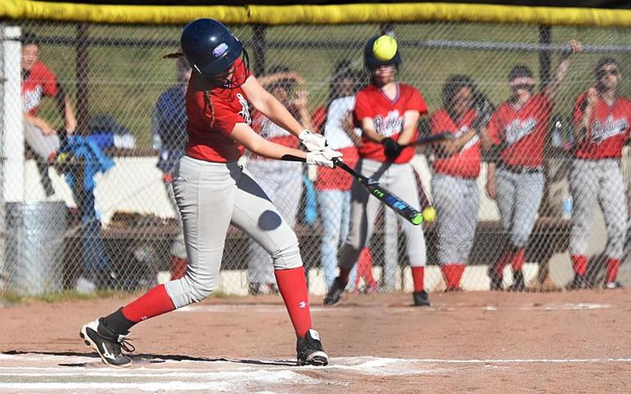 Bitburg's Kaitlyn Fleming hits the ball in a game against AFNORTH during the second day of the softball championships at Kaiserslautern, Friday, May 26.