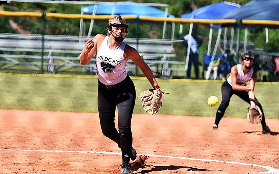 Naples' Anika Loverink pitches in a game against SHAPE during the second day of the softball championships at Kaiserslautern, Friday, May 26.