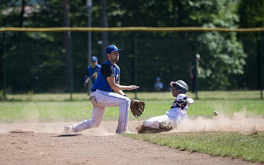 Bitburg's Deon Montgomery, right, slides to second ahead of a throw to Sigonella's Keith Guy during the DODEA-Europe Division II/III baseball championship at Ramstein Air Base, Germany, on Saturday, May 27, 2017. Bitburg lost the game 10-1.

MICHAEL B. KELLER/STARS AND STRIPES