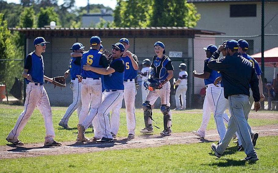 Sigonella celebrates its 10-1 win over Bitburg during the DODEA-Europe Division II/III baseball championship at Ramstein Air Base, Germany, on Saturday, May 27, 2017.

MICHAEL B. KELLER/STARS AND STRIPES