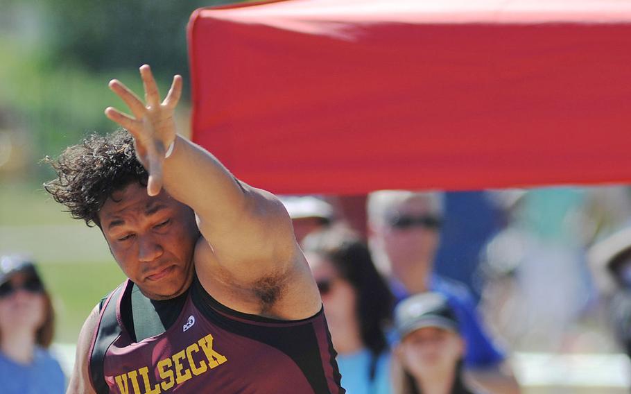 Vilseck's Derek Davis won the shot put competition at the DODEA-Europe track and field finals in Kaiserslautern, Germany, with a toss of 43 feet, 7.75 inches.