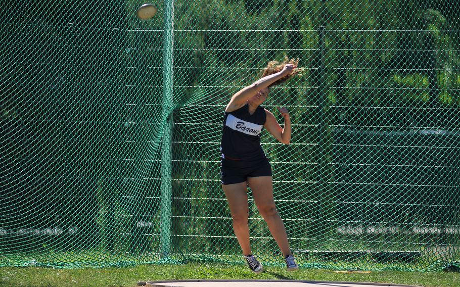 Bitburg's Elise Rasmussen tossed the discus 108 feet, 7 inches to take the gold at the DODEA-Europe track and field finals in Kaiserslautern, Germany, Saturday, May 27, 2017.