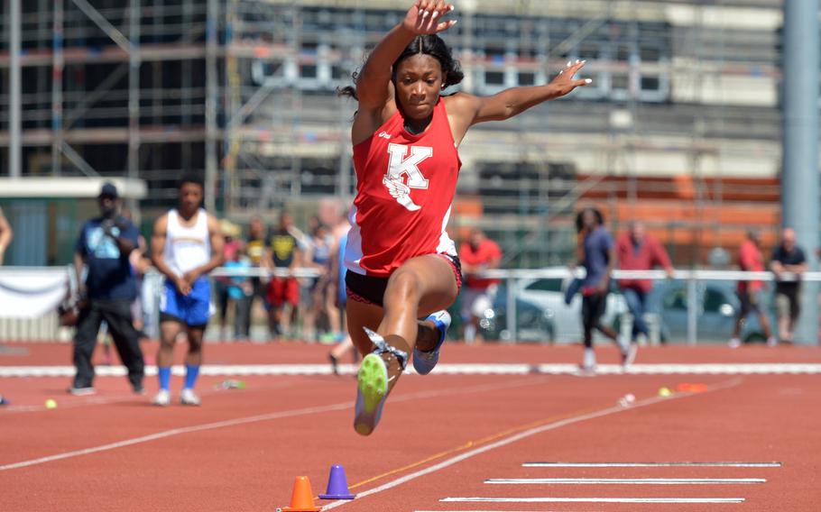 Kaiserslautern's Jada Branch set a new DODEA-Europe record in the triple jump with a leap of 39 feet, 2.25 inches at the DODEA-Europe track and field finals in Kaiserslautern, Germany, Saturday, May 27, 2017.