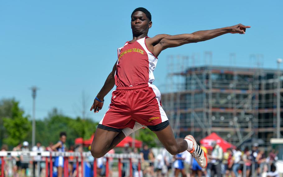 Baumholder's Nathaniel Horton won the long jump competition with a leap of 21 feet, 1 inch at the DODEA-Europe track and field finals in Kaiserslautern, Germany, Saturday, May 27, 2017.