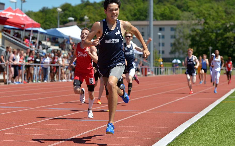 Ramstein's Jose Serrano on his way to winning the 800-meter race  in 2 minutes, 4.16 seconds at the DODEA-Europe track and field finals in Kaiserslautern, Germany, Saturday, May 27, 2017.