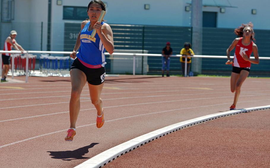 Wiesbaden's Clarissa Paniagua anchored her school's winning 4x400-meter relay at the DODEA-Europe track and field finals in Kaiserslautern, Germany, Saturday, May 27, 2017. She and teammates Chloe Edison, Catianna Binyard-Turner and Ta?Nya Thomas won in 4 minutes, 9.74 seconds.