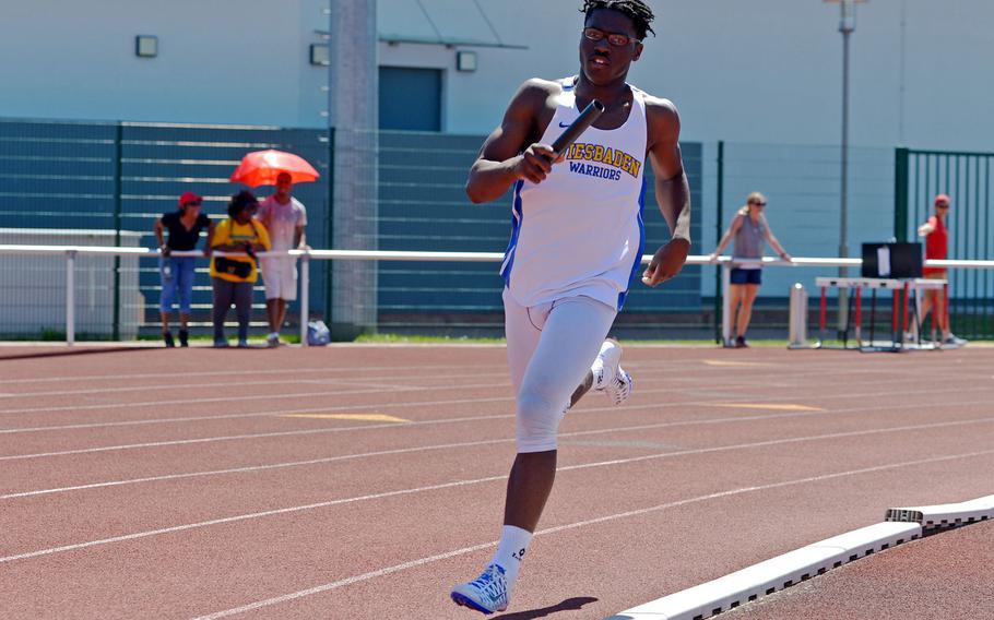 Caleb Brown Jr. anchored the winning Wiesbaden 4x400-meter relay team at the DODEA-Europe track and field finals in Kaiserslautern, Germany, Saturday, May 27, 2017. Brown and teammates Isaiah Devane, Joel Waan and David Williams won the race in 3 minutes, 31.28 seconds.