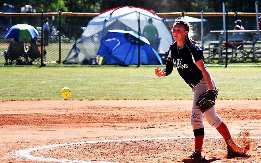 Bitburg pitcher Alicia Paul pitches during the championship game against Sigonella, at Ramstein Air Base, Germany on Saturday, May 27.
