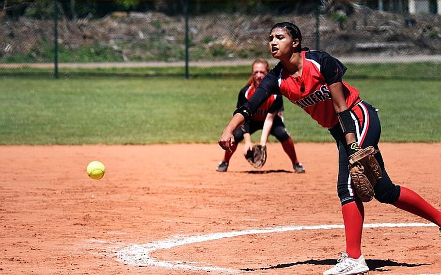 Kaiserslautern's Ally Alamos pitches during the semifinal game against Ramstein at Ramstein Air Base, Germany on Saturday, May 27.