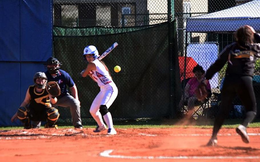 Stuttgart's Kira Wright pitches the ball to Ramstein's Delour Durbin during the championship game at Ramstein Air Base, Germany on Saturday, May 27.