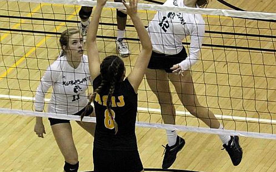 Chloe' Stevens, going up for a spike,  helped lead Kubasaki to three straight titles in the Far East Division I Volleyball Tournament, a first for any DODEA-Pacific program, but will miss her senior season due to a torn ACL suffered last spring.