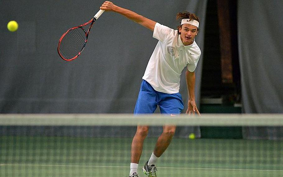 Defending champ Mathias Mingazzini returns a shot from SHAPE's Noah Banken on his way to defending his title with a 6-2, 6-1 win at the DODEA-Europe tennis championships in Wiesbaden, Germany, Saturday, Oct. 28, 2017.