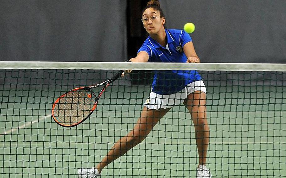 Mellisa Pritchett makes a play at the net in the girls doubles final at the DODEA-Europe tennis championships in Wiesbaden, Germany, Saturday, Oct. 28, 2017. She and teammate Shelby Albers lost to Ramstein's Amanda Daly and Morgan Stretch 6-1, 6-2.