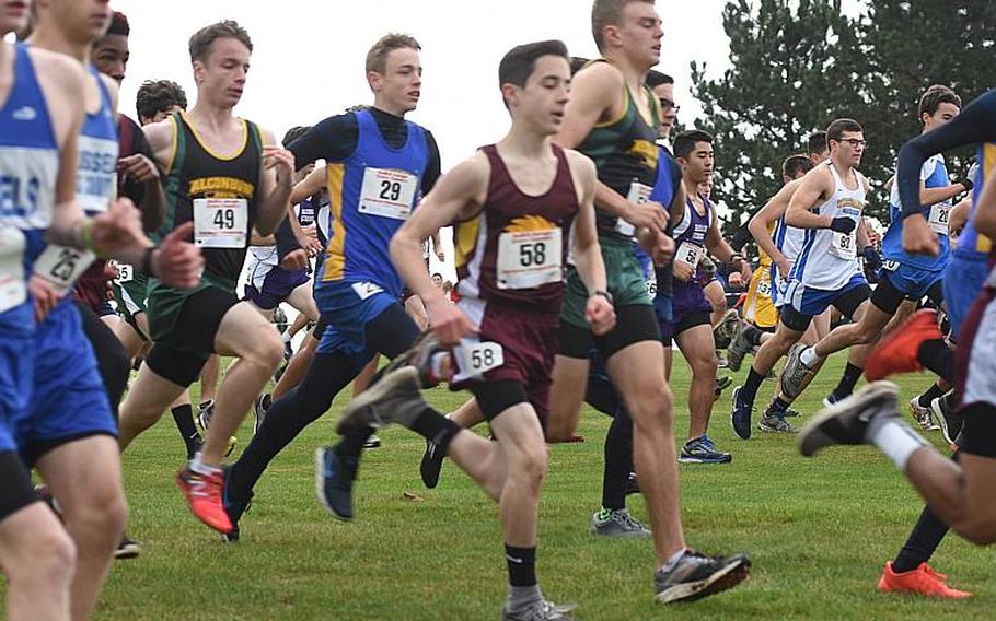 A pack of runners sprints by at the start of the DODEA European cross country championships on Oct. 28, 2017, in Baumholder, Germany. Cold temperatures and gusting winds made for challenging race conditions.