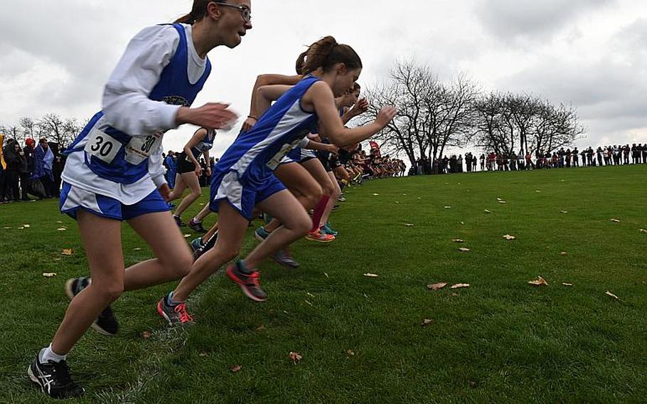 Runners prepare for the start of the girls' race at the DODEA European cross country championships on Oct. 28, 2017, in Baumholder, Germany.