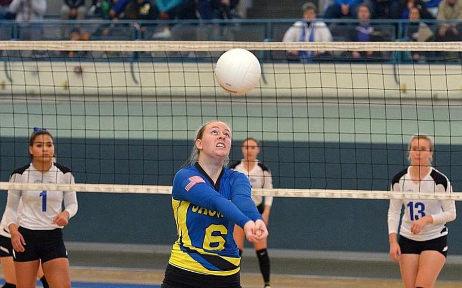 Sigonella's Kylee Fall concentrates as she receives the ball in the Division III championship game at the DODEA-Europe volleyball finals in Kaiserslautern, Germany, Saturday, Nov.4, 2017. Sigonella won 25-17, 21-25, 25-17, 25-22.