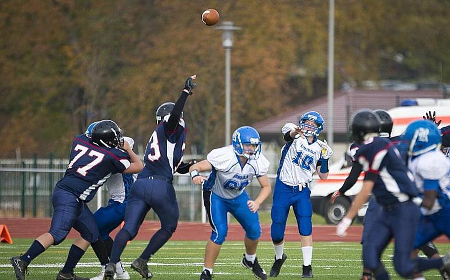Rota's Campbell Lamb throws a pass during the DODEA-Europe Division II championship at Vogelweh, Germany, on Saturday, Nov. 4, 2017. Rota lost the game against Spangdahlem 36-19.