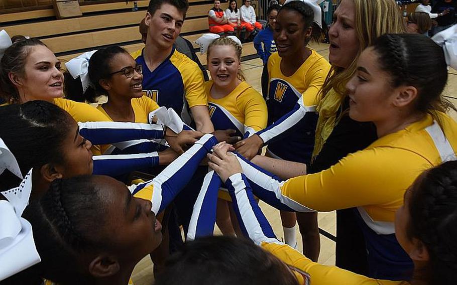 Wiesbaden cheerleaders celebrate their Division I win at the DODEA-Europe cheer tournament on Saturday, Feb. 24, 2018, in Wiesbaden, Germany.